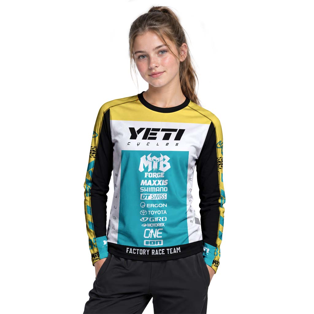 Yeti Cycles Factory Race Team 85 Teal Yellow Youth Long Sleeve Mountain Bike Jersey – Girl Lifestyle View