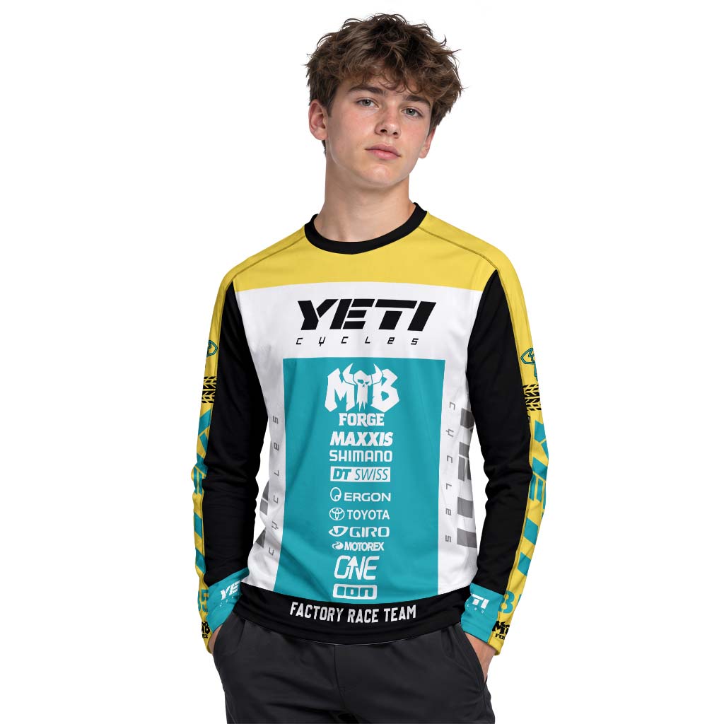 Yeti Cycles Factory Race Team 85 Teal Yellow Youth Long Sleeve Mountain Bike Jersey – Boy Lifestyle View
