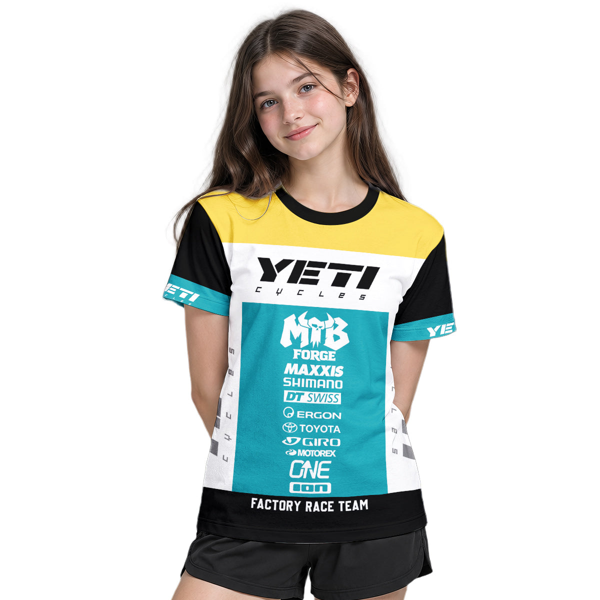 Yeti Cycles Factory Race Team 85 Teal Yellow Youth Short Sleeve Mountain Bike Jersey – Girl Lifestyle View