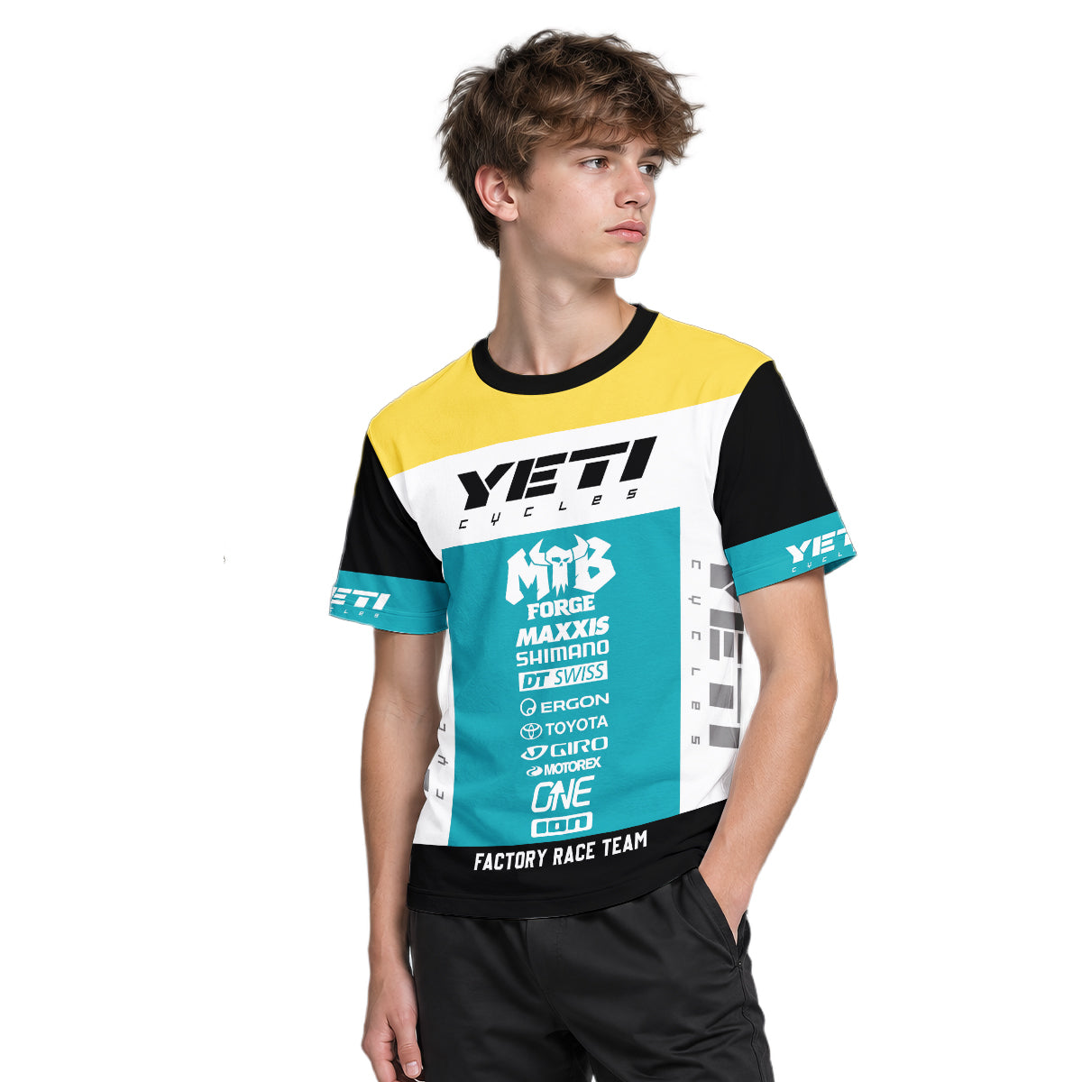 Yeti Cycles Factory Race Team 85 Teal Yellow Youth Short Sleeve Mountain Bike Jersey – Boy Lifestyle View