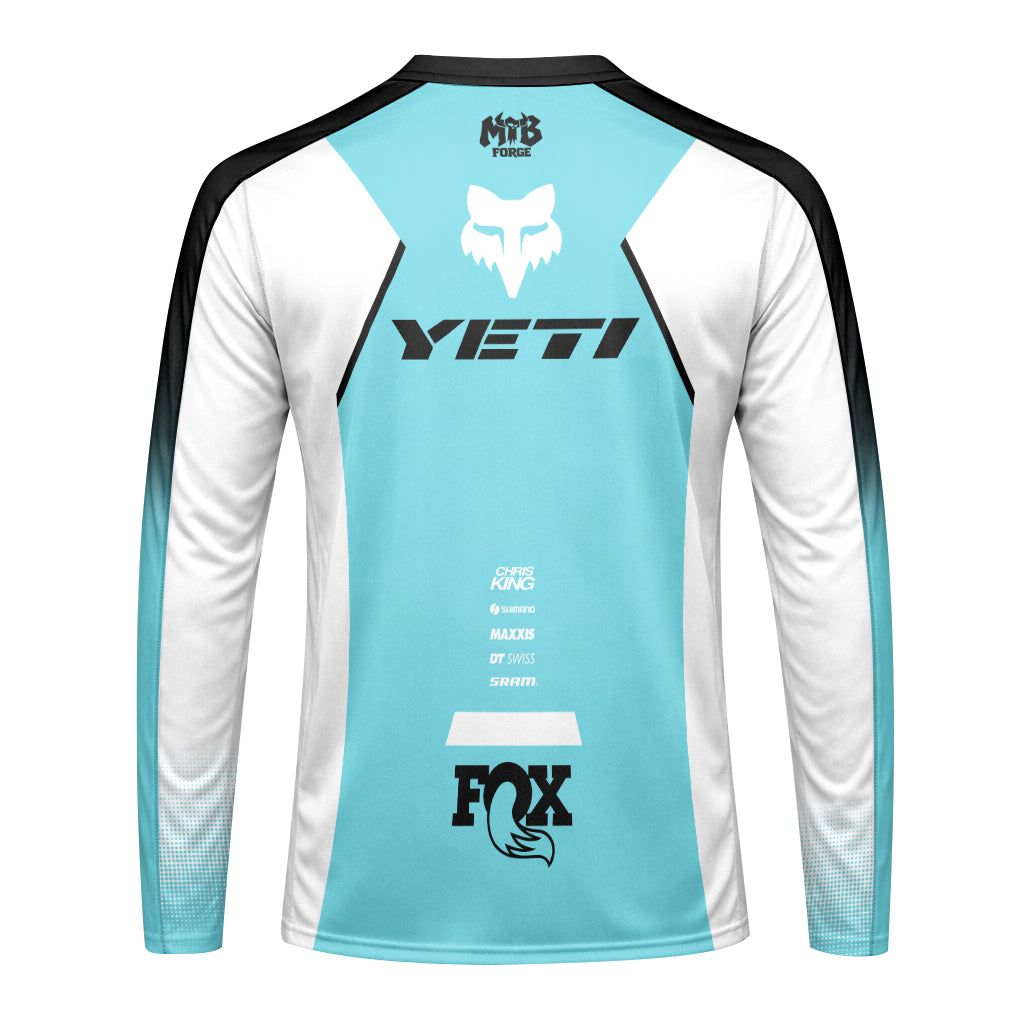 Yeti Fox Aqua White Factory Long Sleeve Mountain Bike Jersey - back view mockup