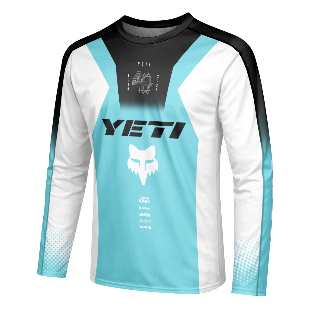 Yeti Fox Aqua White Factory Long Sleeve Mountain Bike Jersey - left side mockup