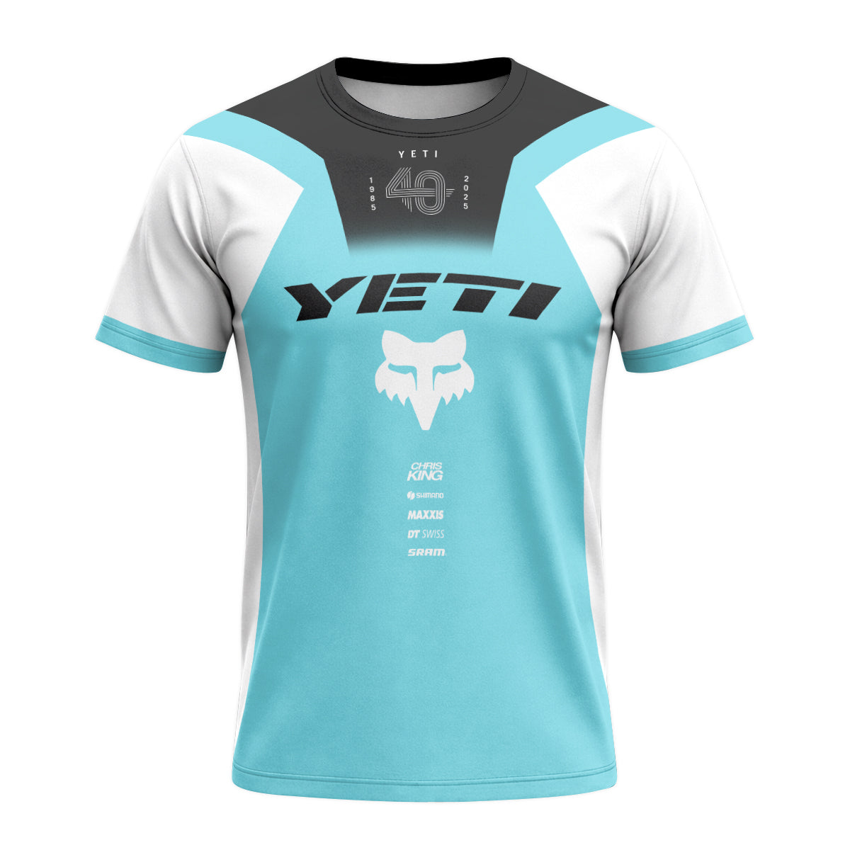 Yeti Fox Aqua White Factory Short Sleeve Mountain Bike Jersey - front view mockup
