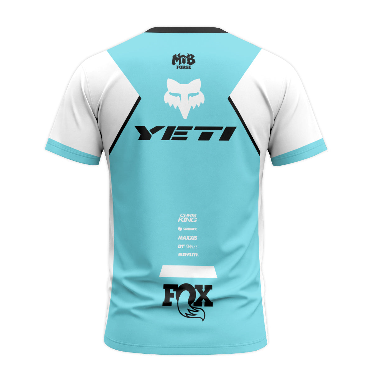 Yeti Fox Aqua White Factory Short Sleeve Mountain Bike Jersey - back view mockup