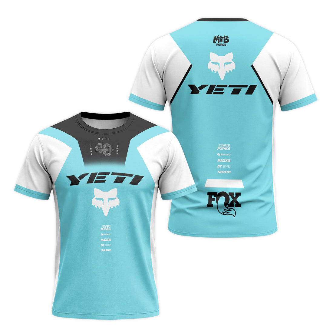 Yeti Fox Aqua White Factory Short Sleeve Mountain Bike Jersey - front and back view