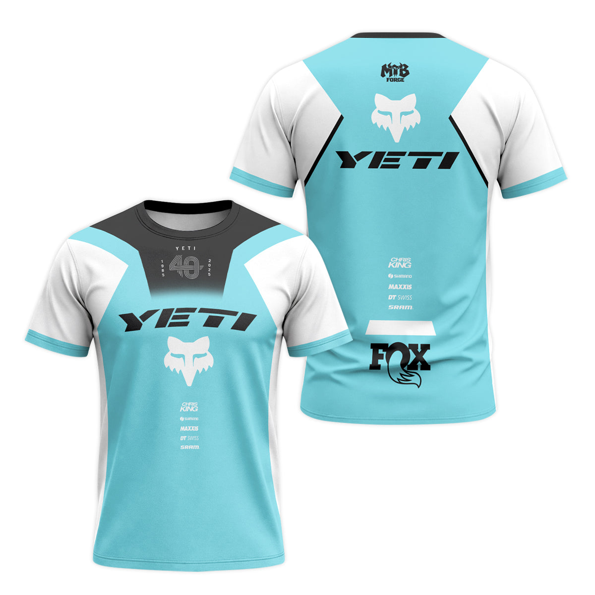 Yeti Fox Aqua White Factory Short Sleeve Mountain Bike Jersey - front and back view