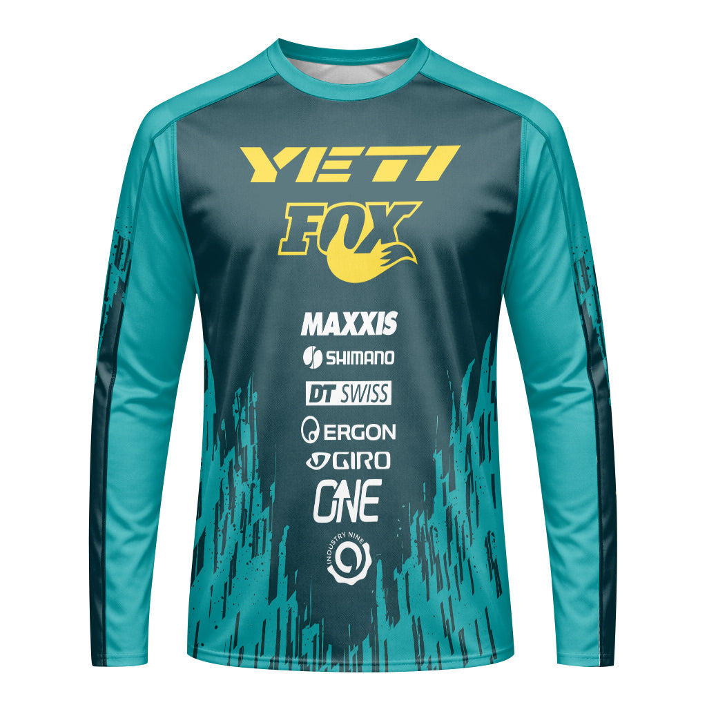 Yeti Fox Teal Yellow Factory Long Sleeve Mountain Bike Jersey - front view mockup