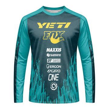 Yeti Fox Teal Yellow Factory Long Sleeve Mountain Bike Jersey - front view mockup