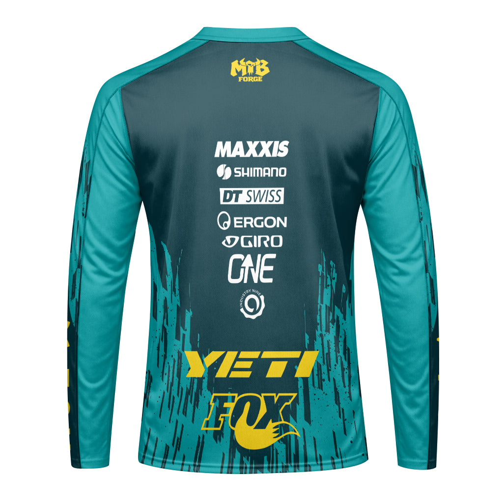 Yeti Fox Teal Yellow Factory Long Sleeve Mountain Bike Jersey - front view mockup
