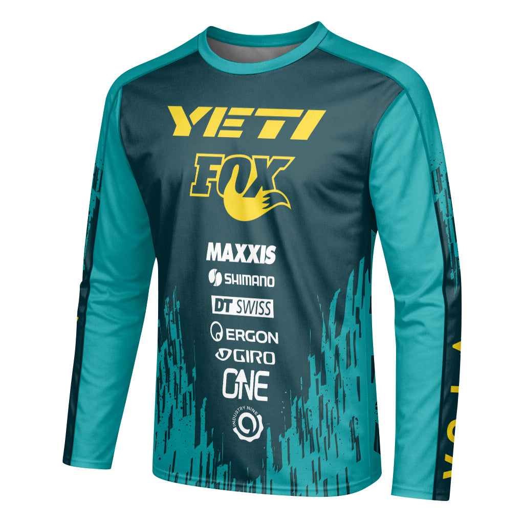 Yeti Fox Teal Yellow Factory Long Sleeve Mountain Bike Jersey - left side mockup