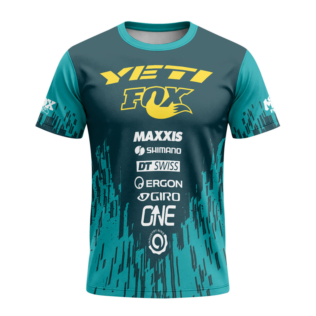 Yeti Fox Teal Yellow Factory Short Sleeve Mountain Bike Jersey - front and back view