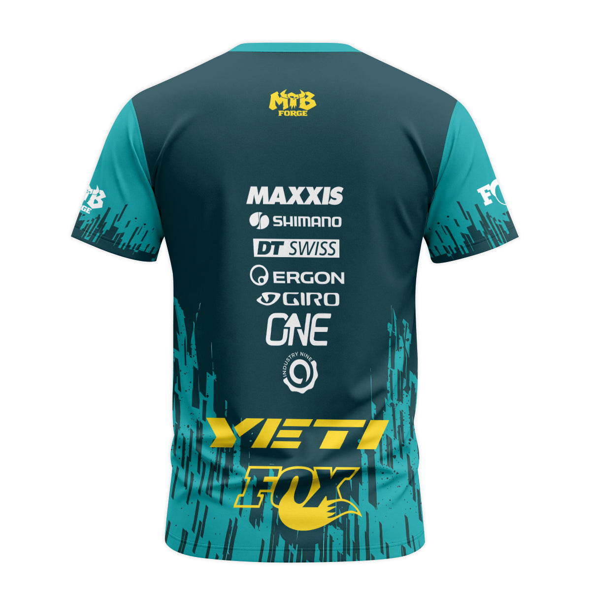 Yeti Fox Teal Yellow Factory Short Sleeve Mountain Bike Jersey - back view mockup