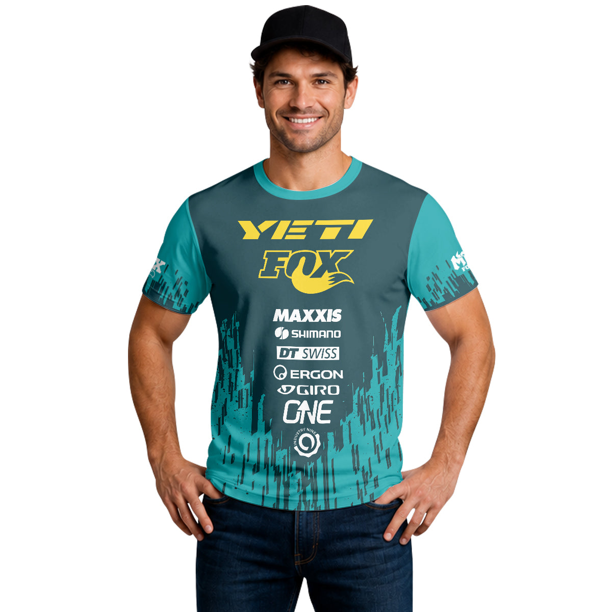 Yeti Fox Teal Yellow Factory Short Sleeve Mountain Bike Jersey - lifestyle view