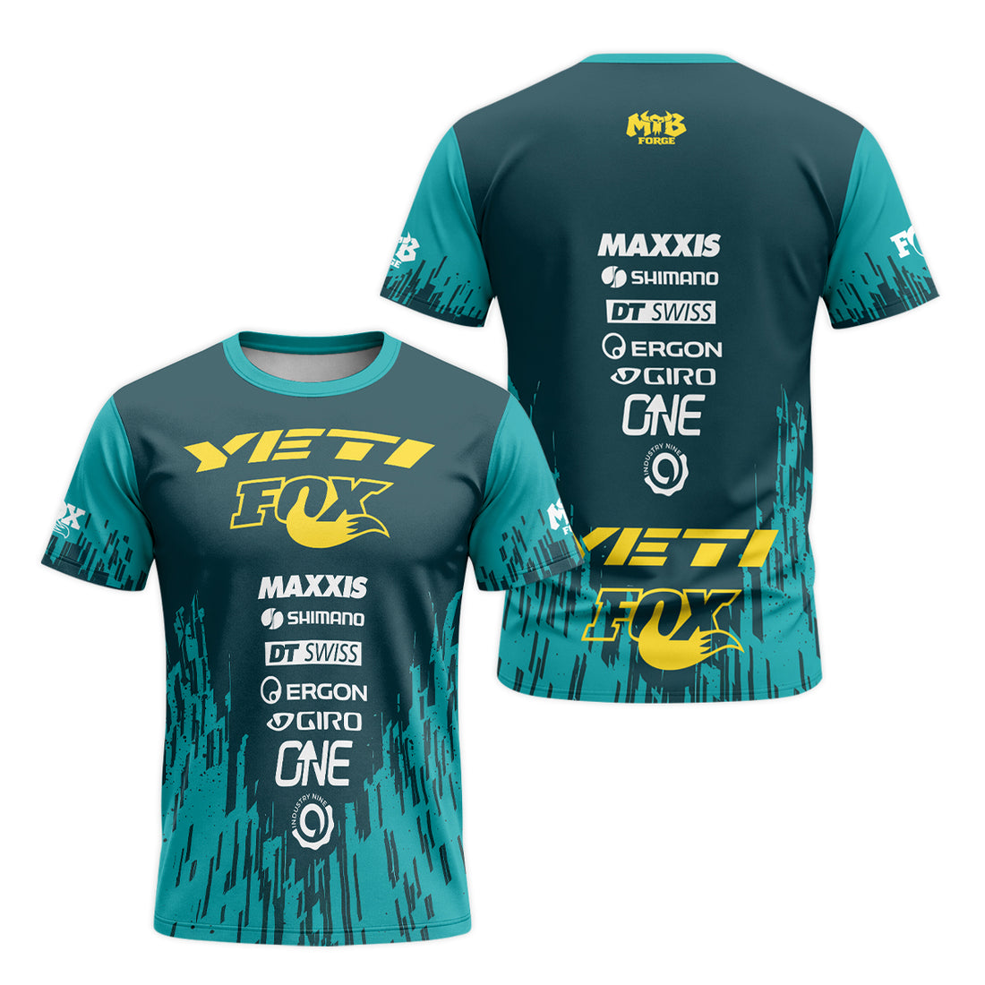 Yeti Fox Teal Yellow Factory Short Sleeve Mountain Bike Jersey - front and back view