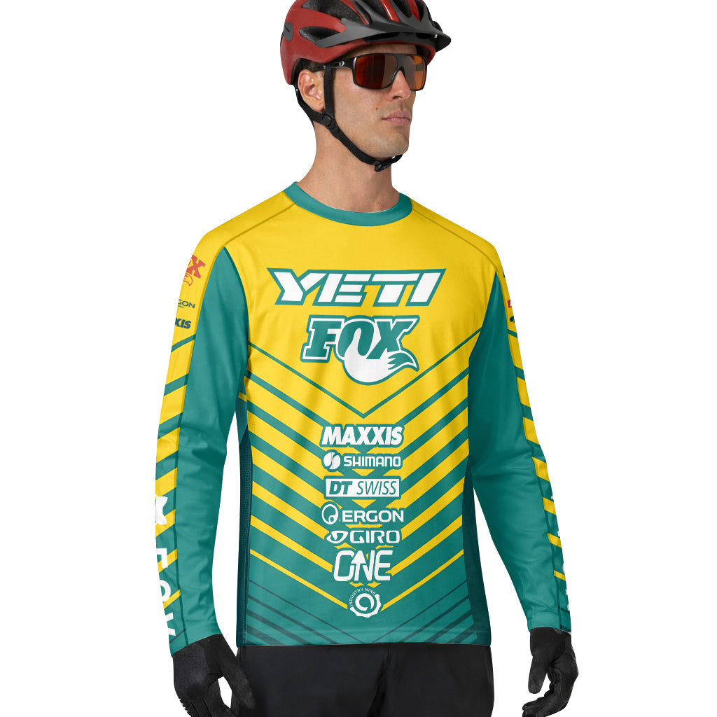 Yeti Fox Yellow Teal Factory Long Sleeve Mountain Bike Jersey - lifestyle view