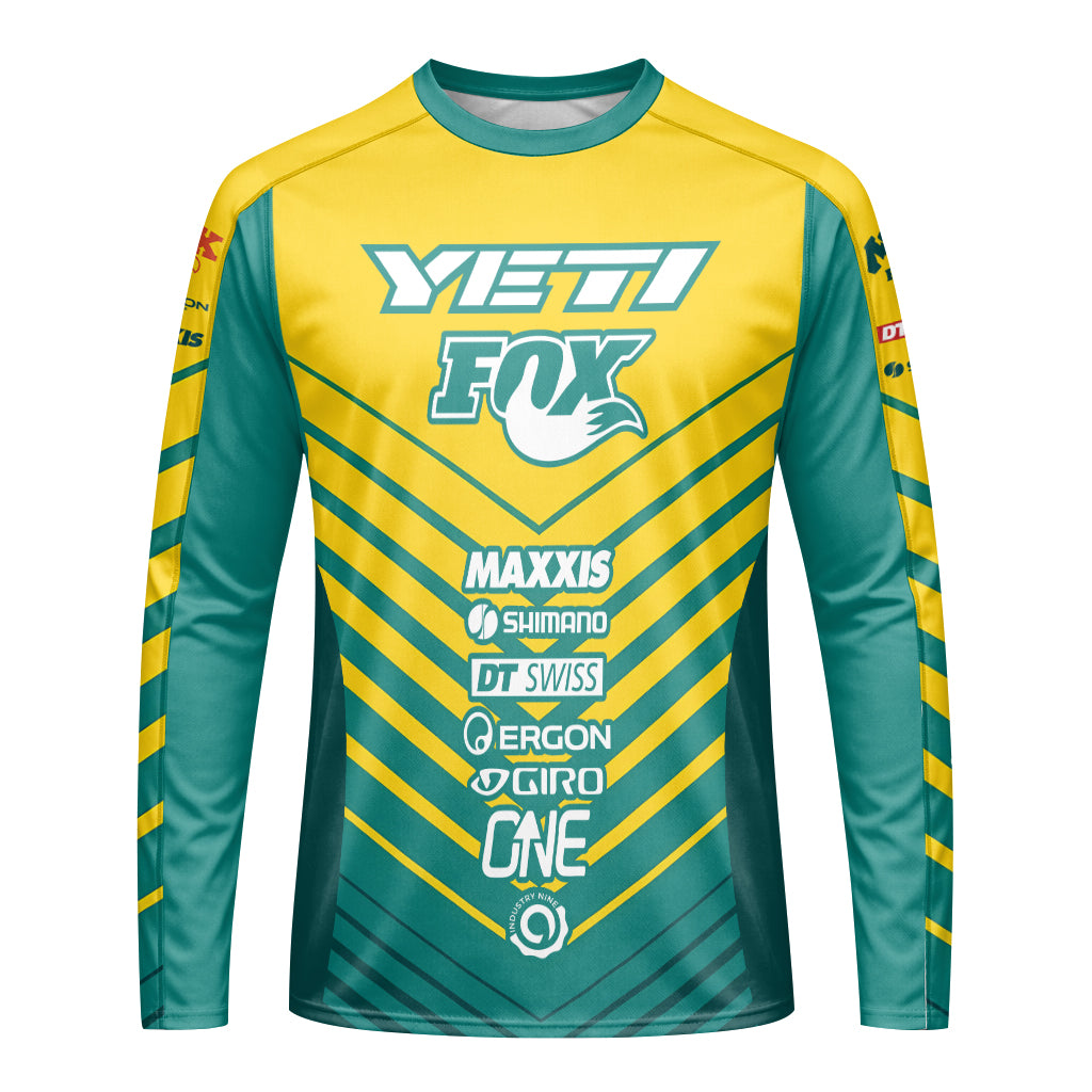Yeti Fox Yellow Teal Factory Long Sleeve Mountain Bike Jersey - front view mockup
