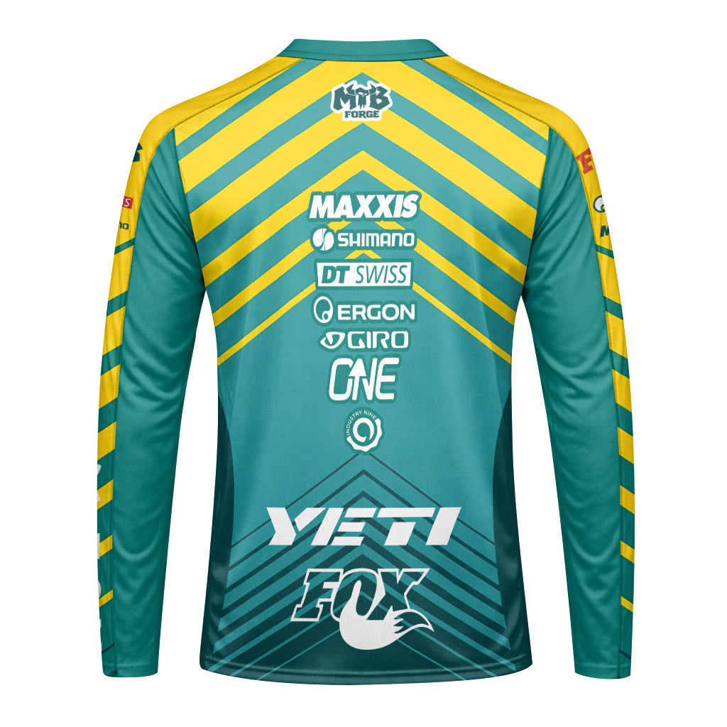 Yeti Fox Yellow Teal Factory Long Sleeve Mountain Bike Jersey - front view mockup