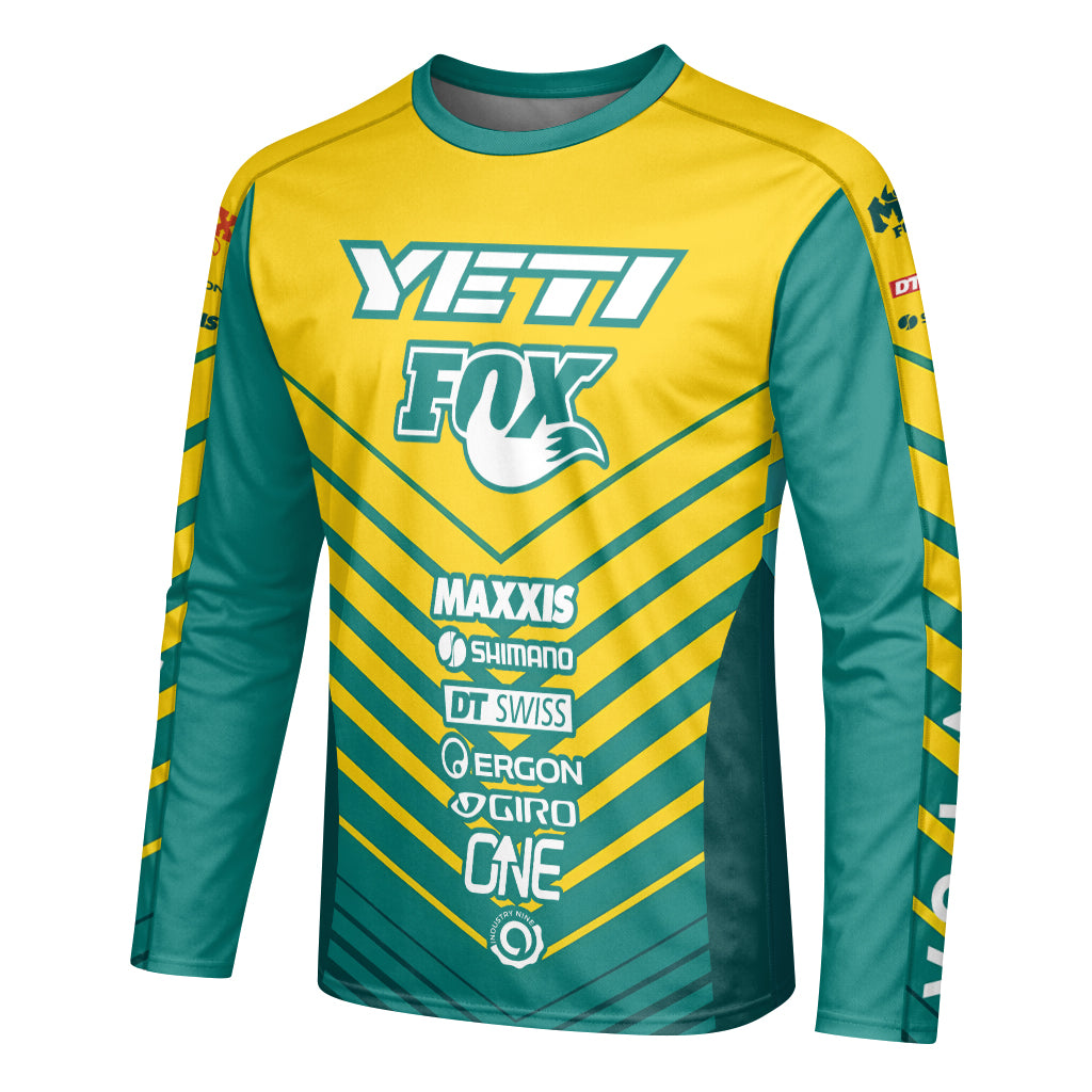 Yeti Fox Yellow Teal Factory Long Sleeve Mountain Bike Jersey - left side mockup