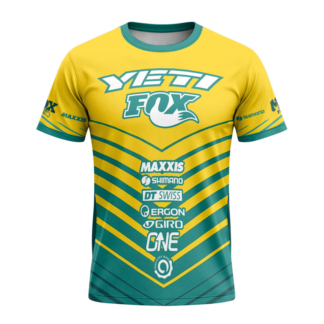 Yeti Fox Yellow Teal Factory Short Sleeve Mountain Bike Jersey - front and back view