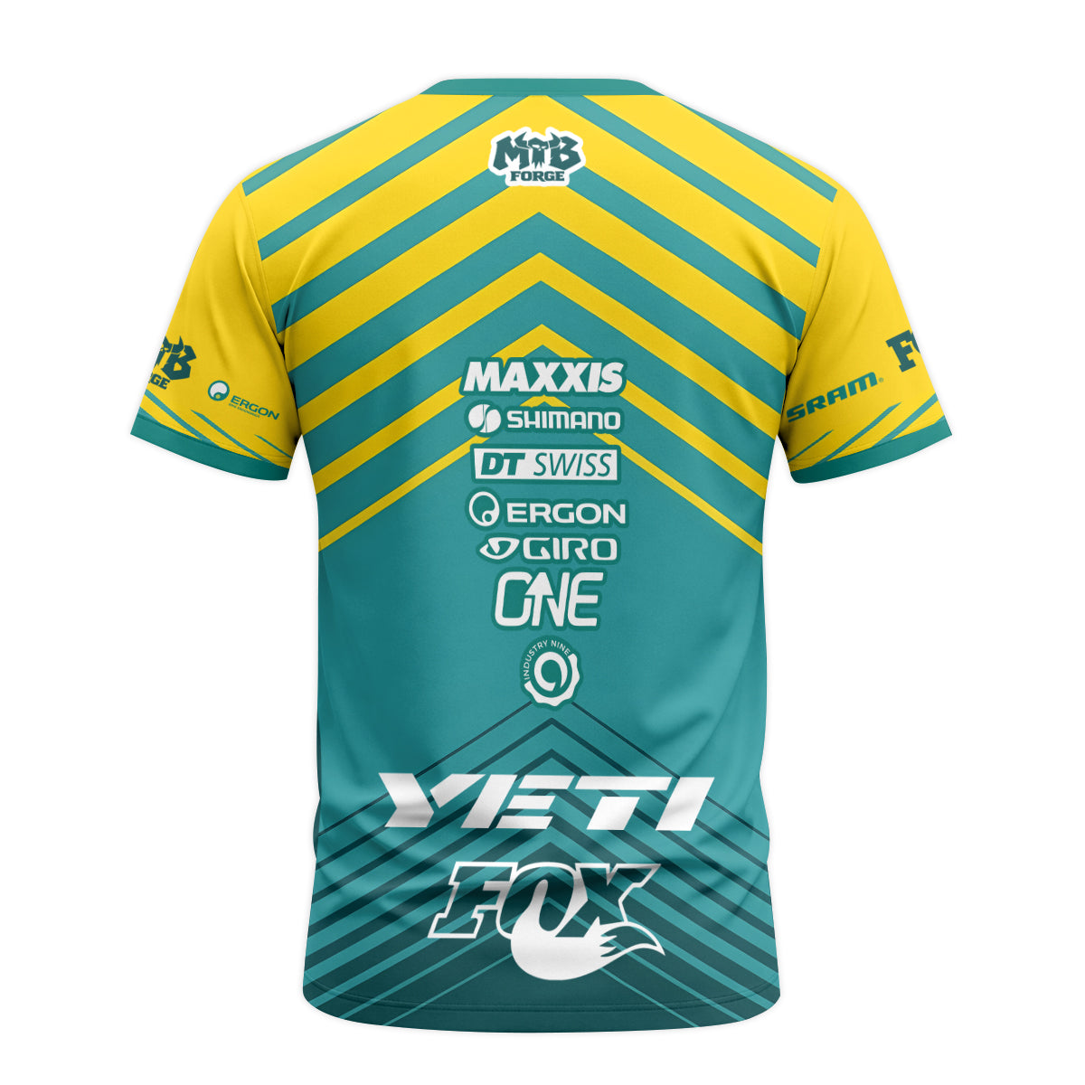 Yeti Fox Yellow Teal Factory Short Sleeve Mountain Bike Jersey - back view mockup
