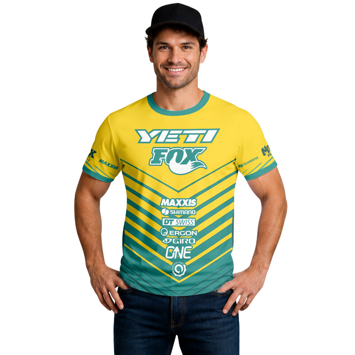 Yeti Fox Yellow Teal Factory Short Sleeve Mountain Bike Jersey - lifestyle view
