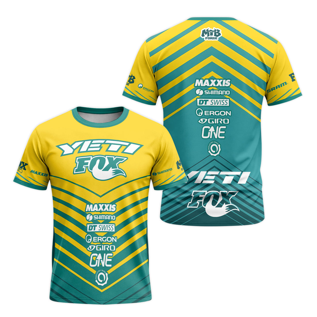 Yeti Fox Yellow Teal Factory Short Sleeve Mountain Bike Jersey - front and back view