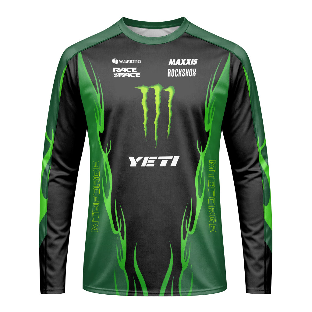 Yeti Monster Energy Black Green Long Sleeve Mountain Bike Jersey - front view mockup