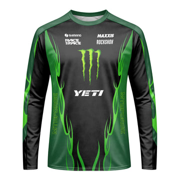 Yeti Monster Energy Black Green Long Sleeve Mountain Bike Jersey - front view mockup