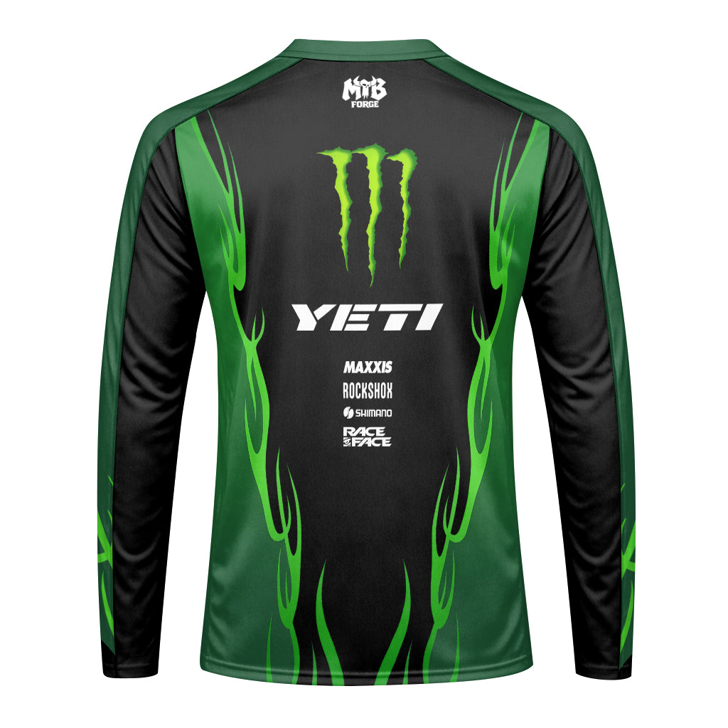 Yeti Monster Energy Black Green Long Sleeve Mountain Bike Jersey - front view mockup