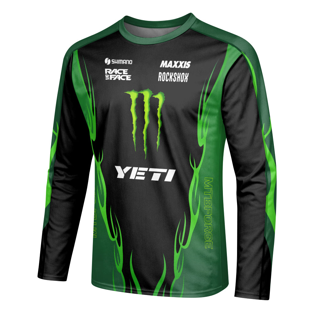 Yeti Monster Energy Black Green Long Sleeve Mountain Bike Jersey - left side mockup