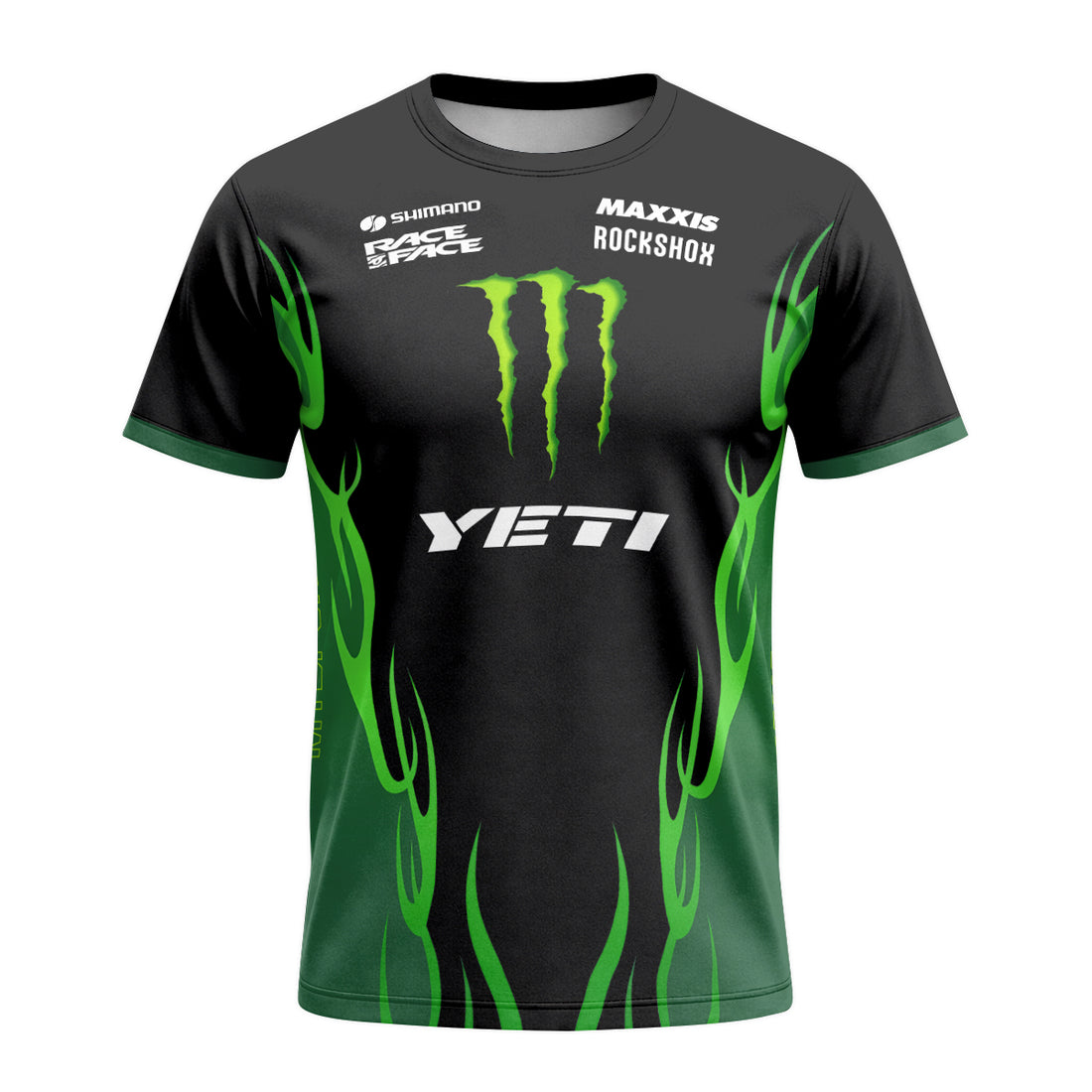 Yeti Monster Energy Black Green Short Sleeve Mountain Bike Jersey - front and back view