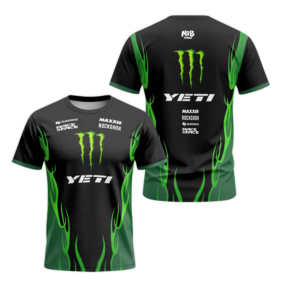 Yeti Monster Energy Black Green Short Sleeve Mountain Bike Jersey - front and back view