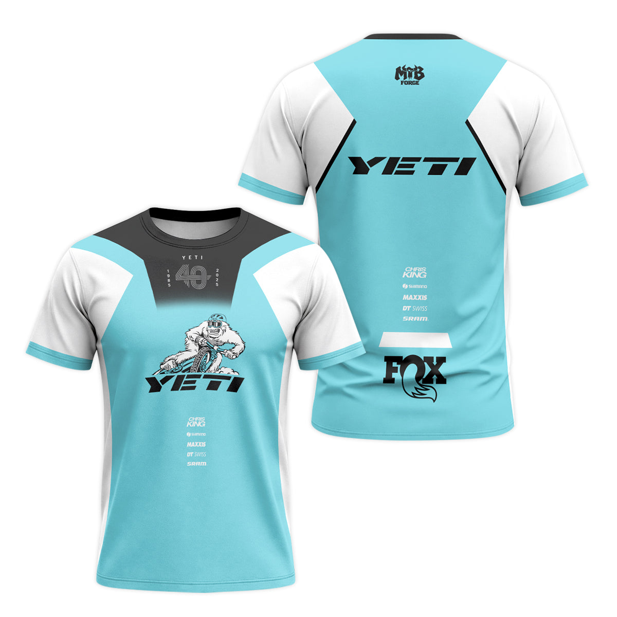 Yeti MTB Aqua White Factory Short Sleeve Mountain Bike Jersey – Front and Back View