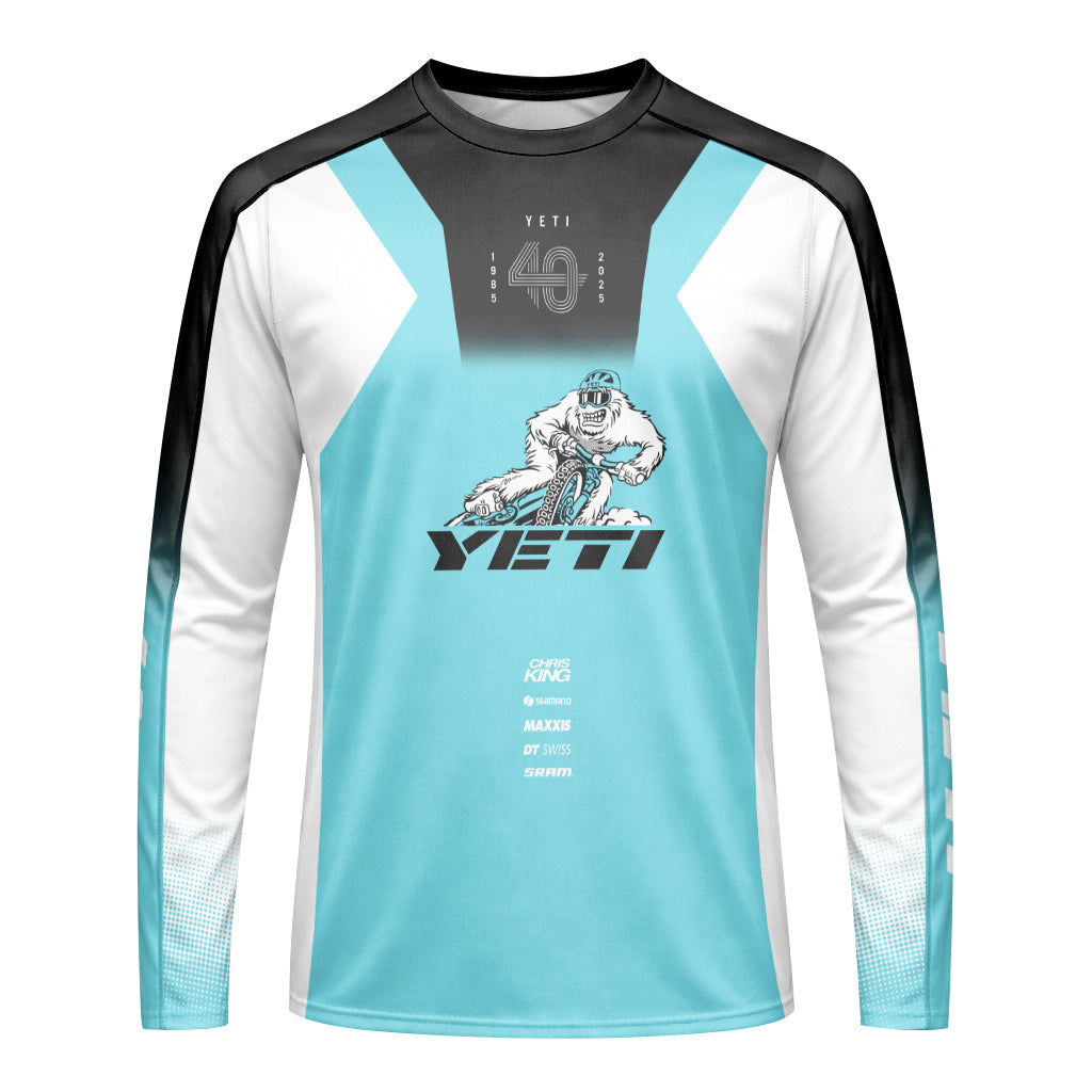 Yeti MTB Aqua White Factory Youth Long Sleeve Mountain Bike Jersey – Front View Mockup