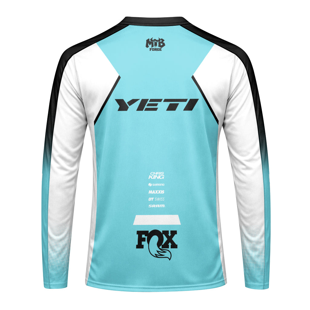 Yeti MTB Aqua White Factory Youth Long Sleeve Mountain Bike Jersey – Back View Mockup