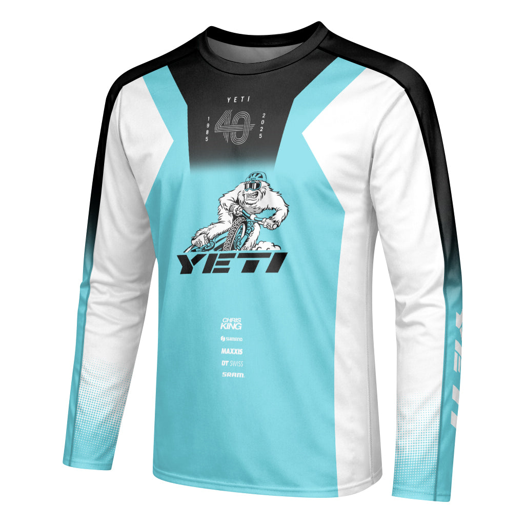 Yeti MTB Aqua White Factory Youth Long Sleeve Mountain Bike Jersey – Left Side View Mockup