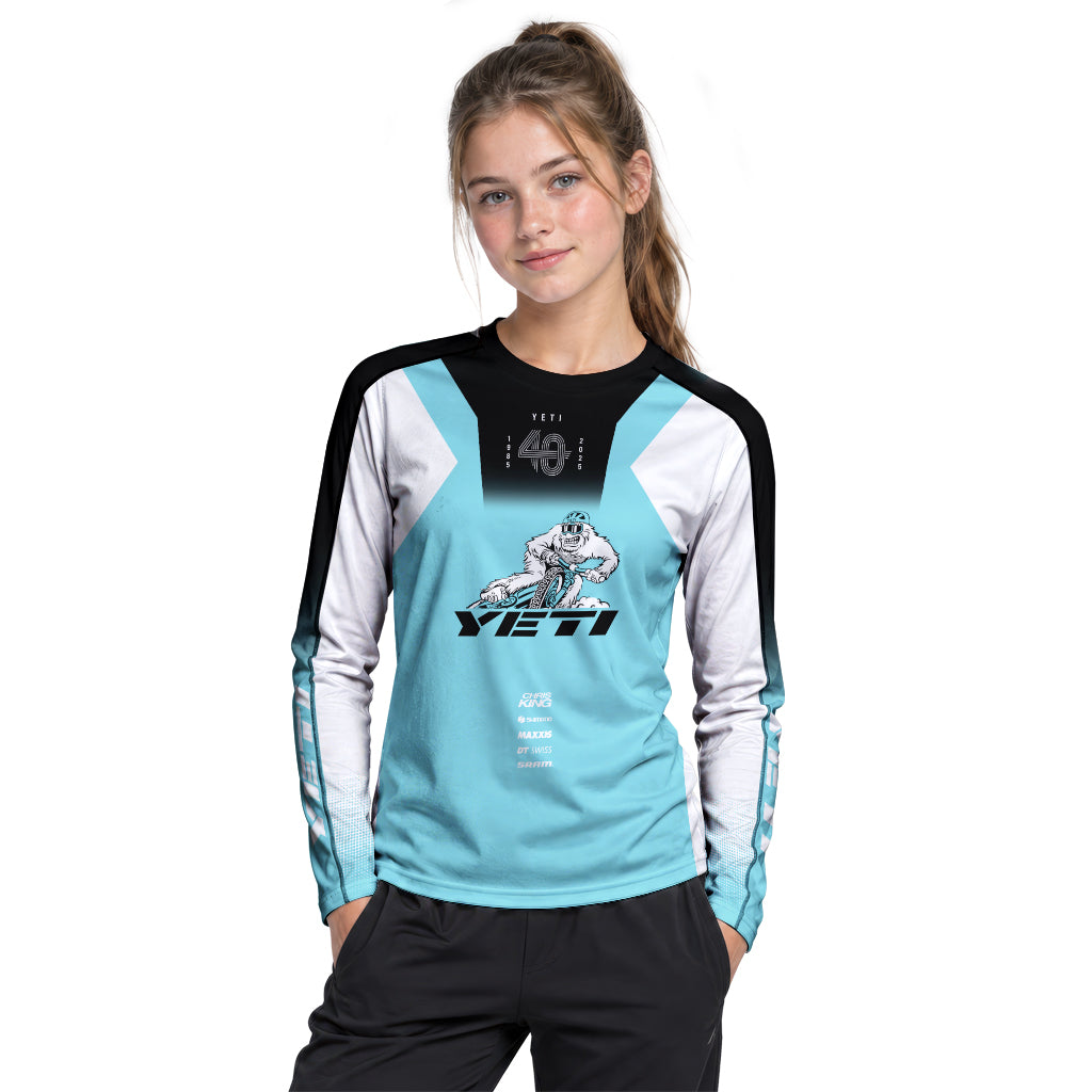 Yeti MTB Aqua White Factory Youth Long Sleeve Mountain Bike Jersey – Girl Lifestyle View