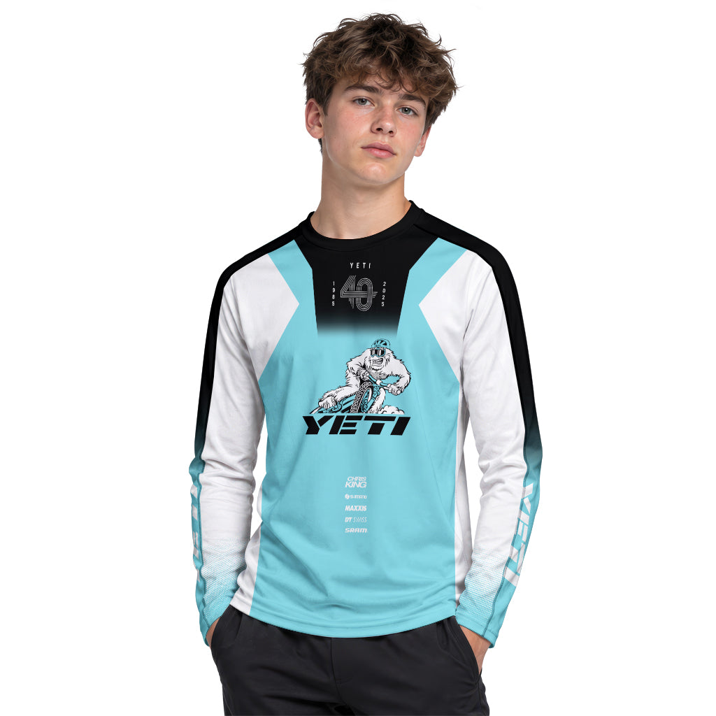 Yeti MTB Aqua White Factory Youth Long Sleeve Mountain Bike Jersey – Boy Lifestyle View