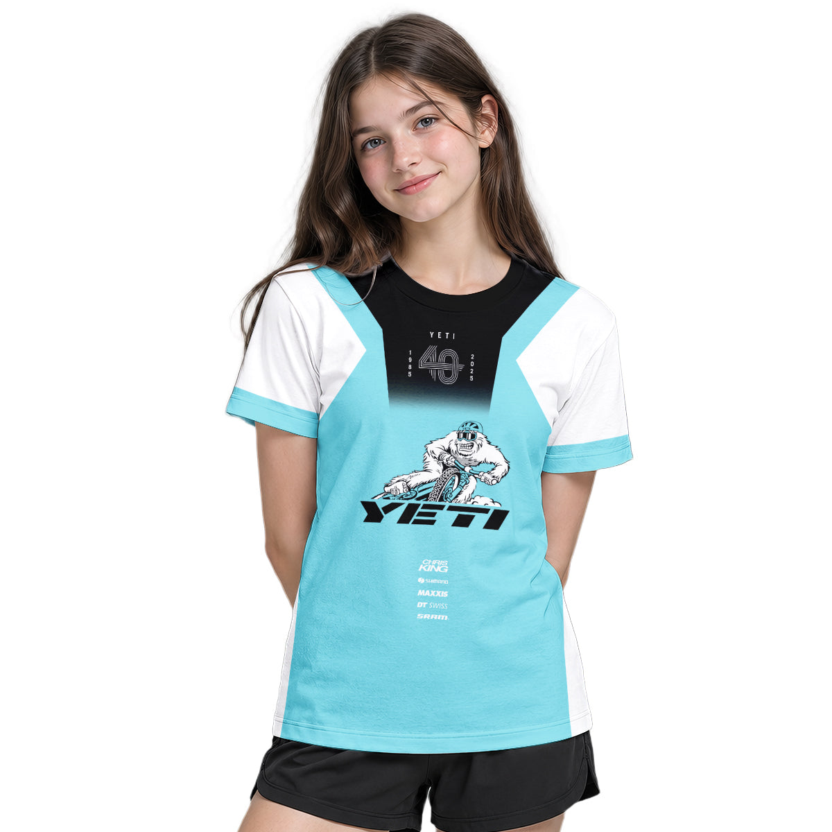 Yeti MTB Aqua White Factory Youth Short Sleeve Mountain Bike Jersey – Girl Lifestyle View