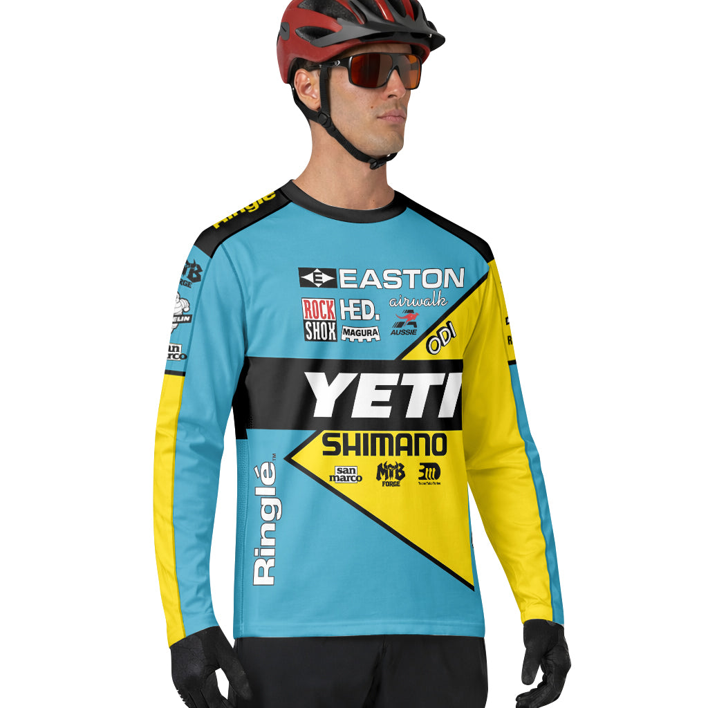 Yeti Shimano Aqua Yellow Factory Long Sleeve Mountain Bike Jersey - lifestyle view