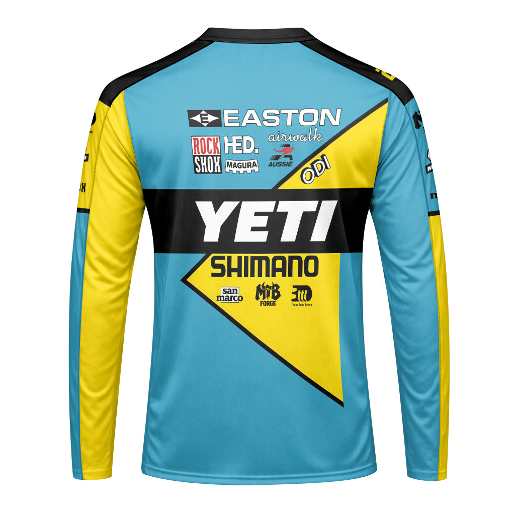 Yeti Shimano Aqua Yellow Factory Long Sleeve Mountain Bike Jersey - back view mockup