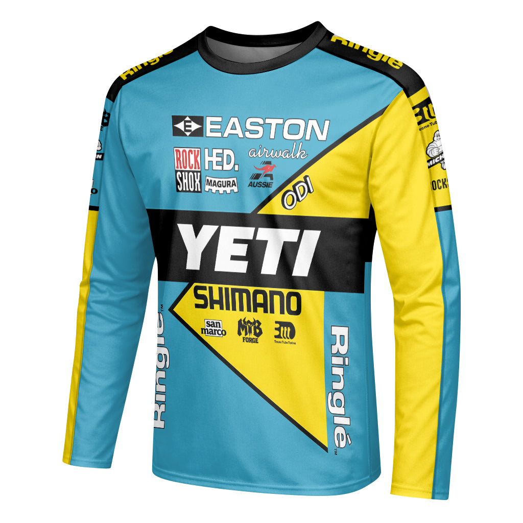 Yeti Shimano Aqua Yellow Factory Long Sleeve Mountain Bike Jersey - left side mockup