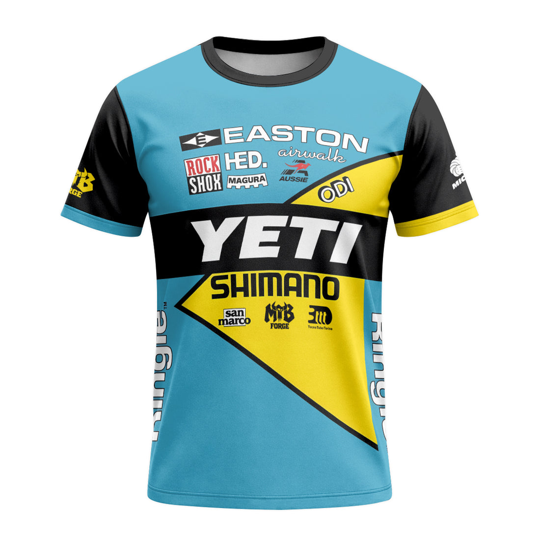 Yeti Shimano Aqua Yellow Factory Short Sleeve Mountain Bike Jersey - front and back view