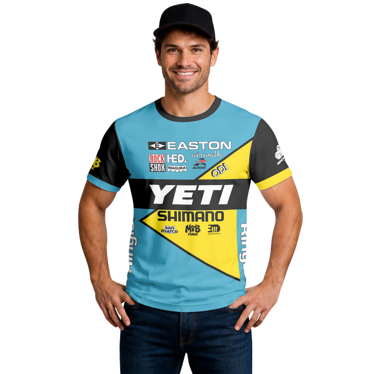 Yeti Shimano Aqua Yellow Factory Short Sleeve Mountain Bike Jersey - lifestyle view