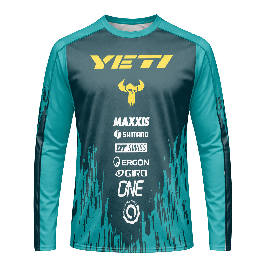 Yeti Teal Yellow Factory Racing Long Sleeve Mountain Bike Jersey – Front View Mockup