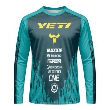 Yeti Teal Yellow Factory Racing Long Sleeve Mountain Bike Jersey – Front View Mockup