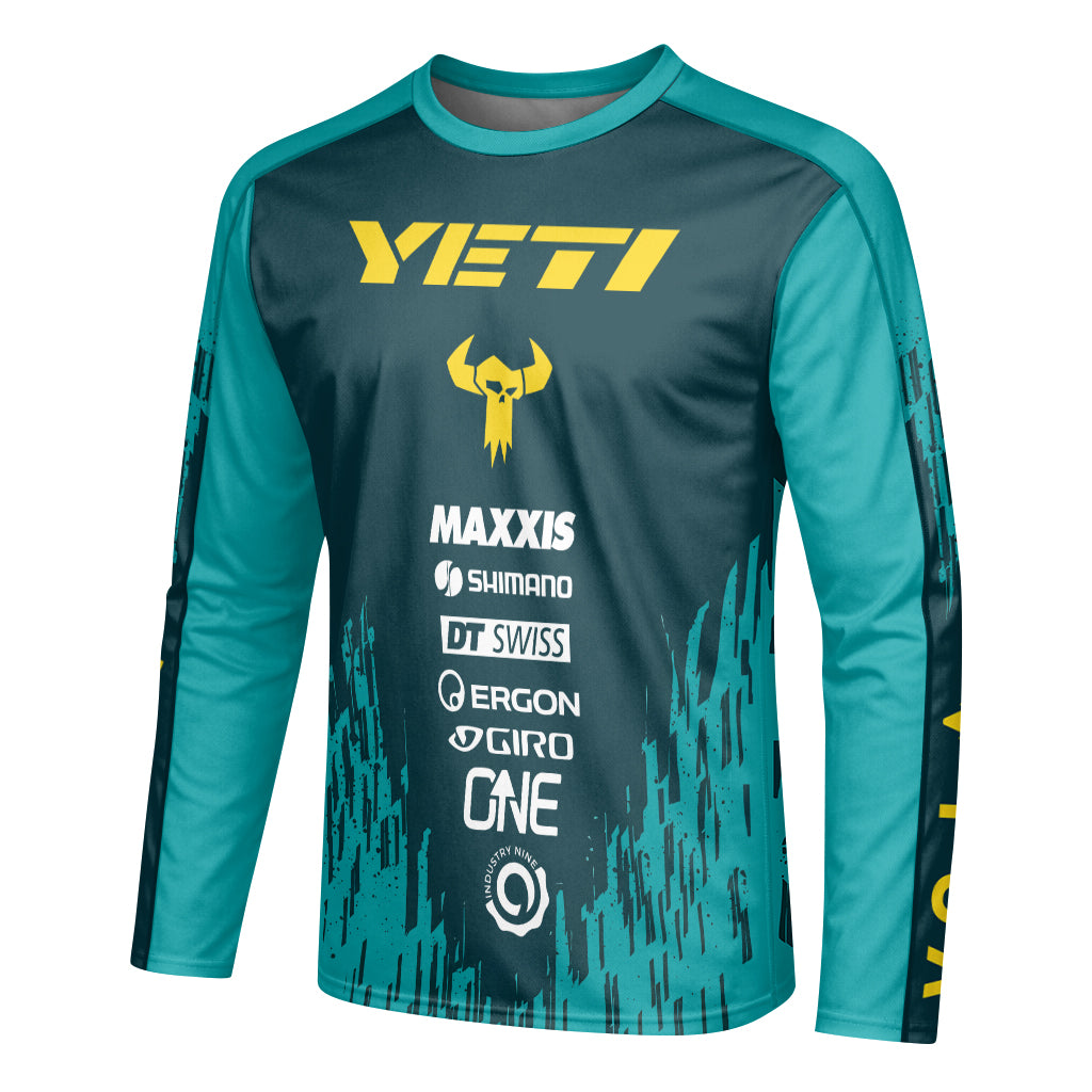 Yeti Teal Yellow Factory Racing Long Sleeve Mountain Bike Jersey – Left Side View Mockup