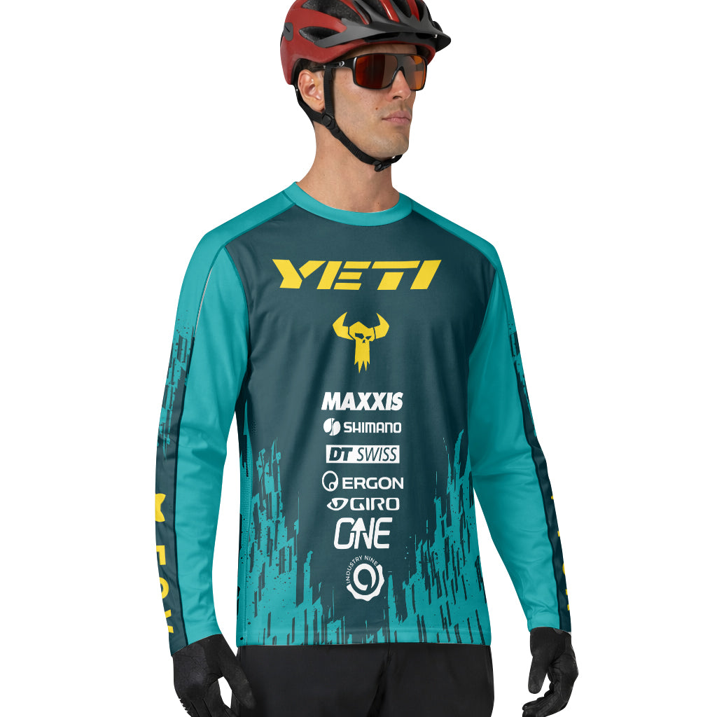 Yeti Teal Yellow Factory Racing Long Sleeve Mountain Bike Jersey – Lifestyle View