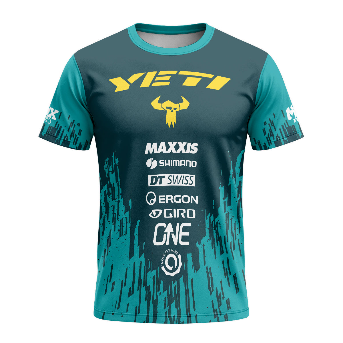 Yeti Teal Yellow Factory Racing Short Sleeve Mountain Bike Jersey – Front View Mockup
