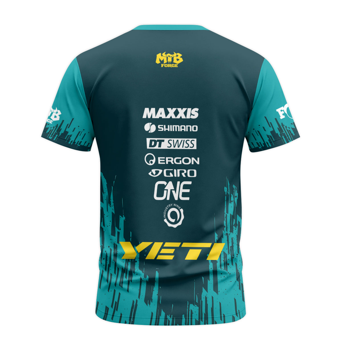 Yeti Teal Yellow Factory Racing Short Sleeve Mountain Bike Jersey – Back View Mockup